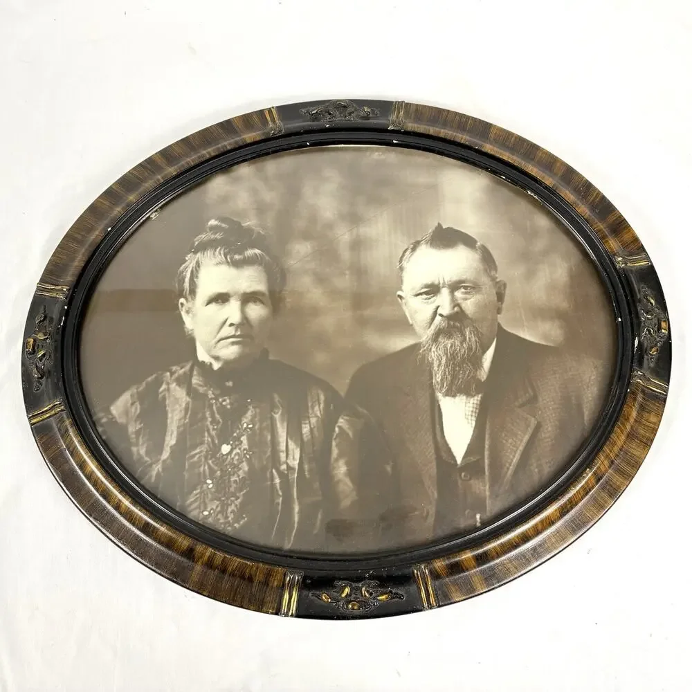 Antique Victorian Wood Framed Portrait Faux Tiger Oak Gesso Details 16x20